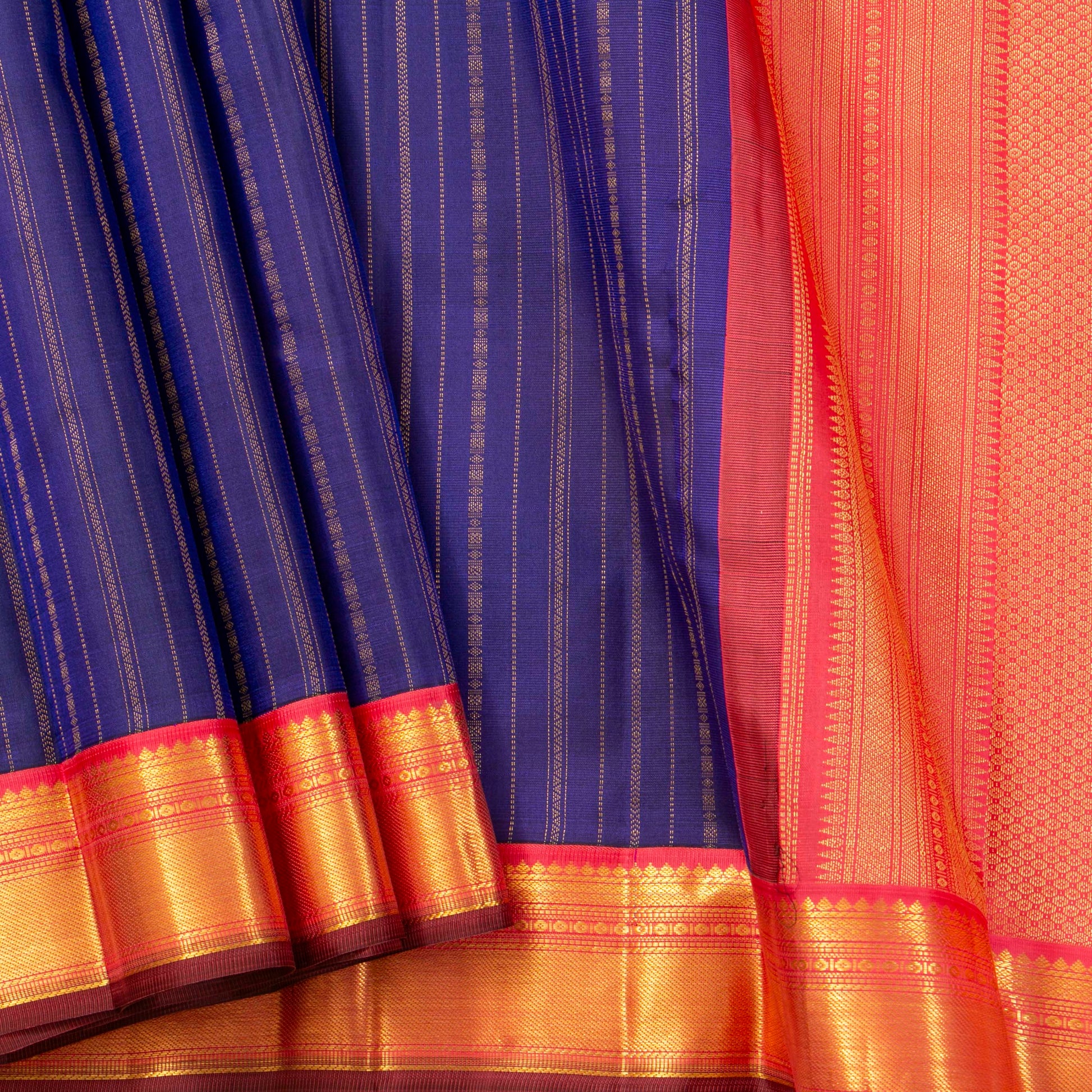 Royal Blue And Peach Kanchipuram Silk Saree For Wedding Wear PV MEN 177 - Silk Sari - Panjavarnam PV MEN 177