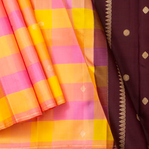 Multi Colour Checks Kanchipuram Silk Saree  Borderless For Festive Wear PV NYC 1285