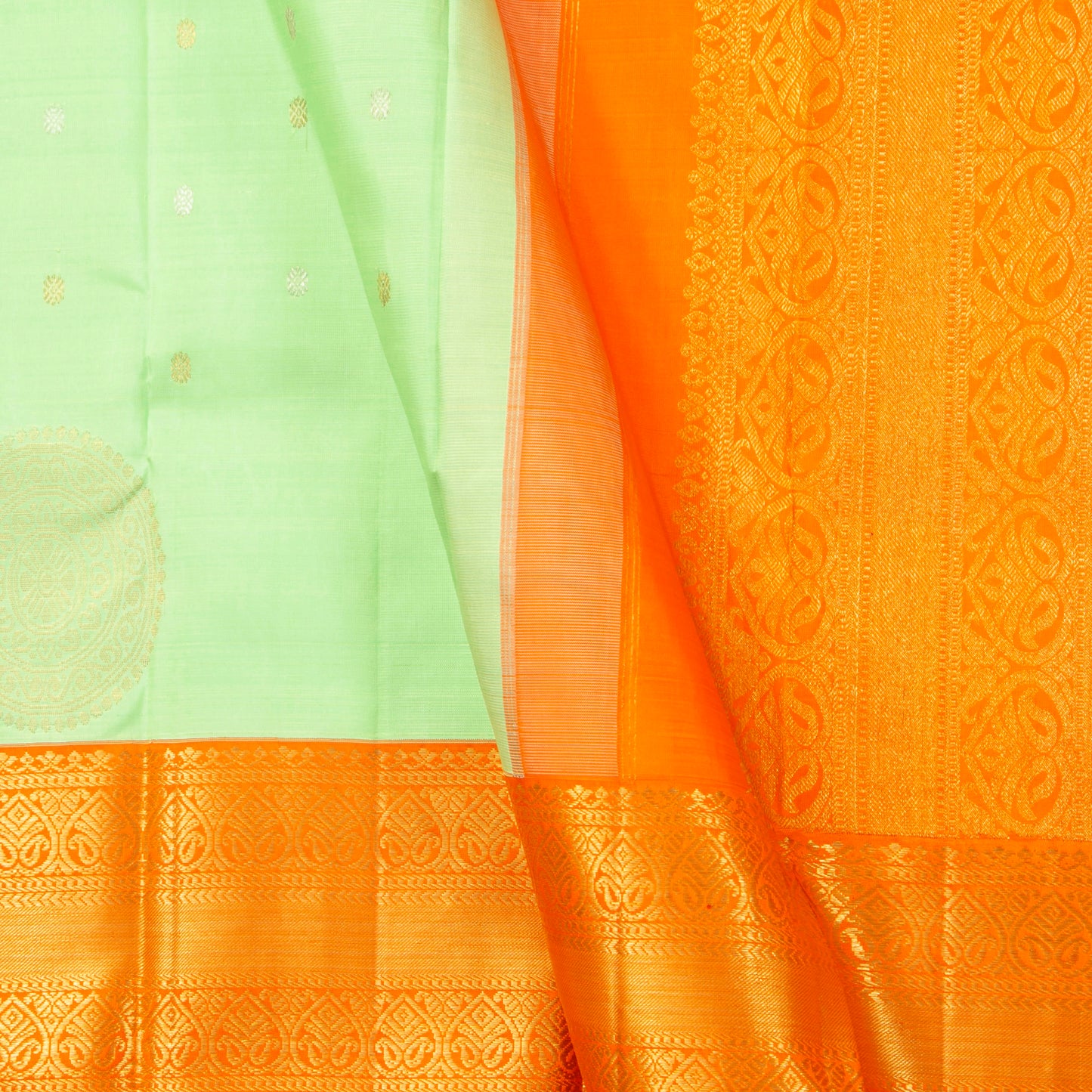 Pista Green And Orange Kanchipuram Silk Saree For Wedding Wear PV NYC 1306