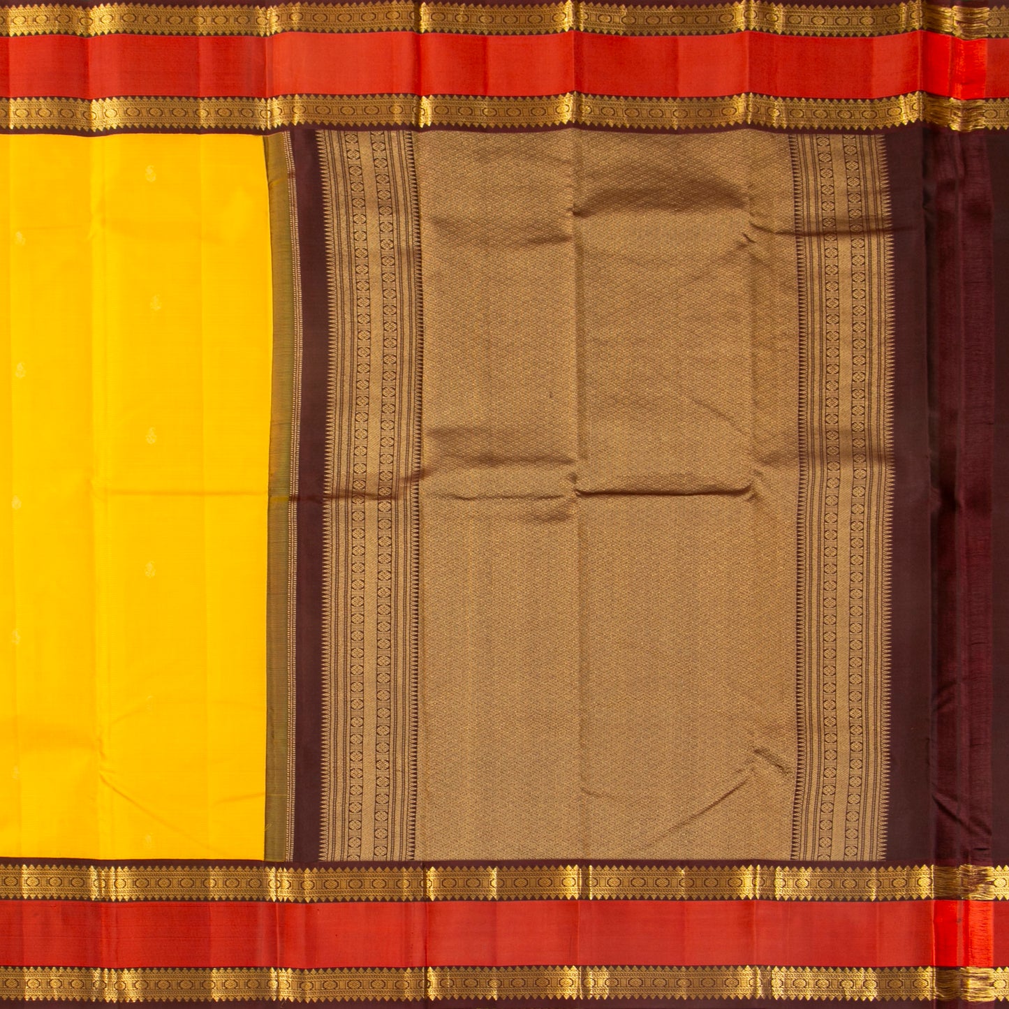 Yellow And Brown Kanchipuram Silk Saree For Festive Wear PV MEN 210