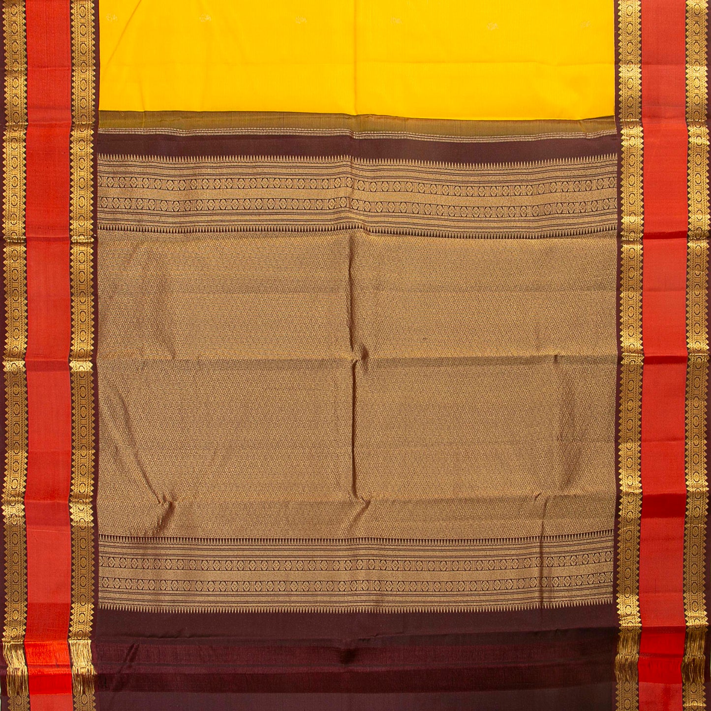 Yellow And Brown Kanchipuram Silk Saree For Festive Wear PV MEN 210