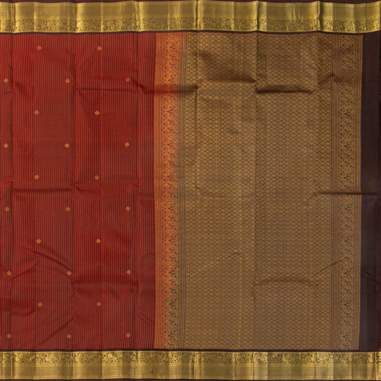 Maroon And Brown Kanchipuram Silk Saree With Zari Stripes For Festive Wear PV MEN 144 - Silk Sari - Panjavarnam PV MEN 144