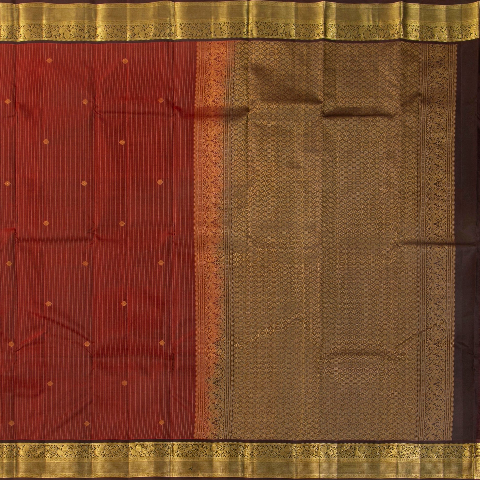 Maroon And Brown Kanchipuram Silk Saree With Zari Stripes For Festive Wear PV MEN 144 - Silk Sari - Panjavarnam PV MEN 144