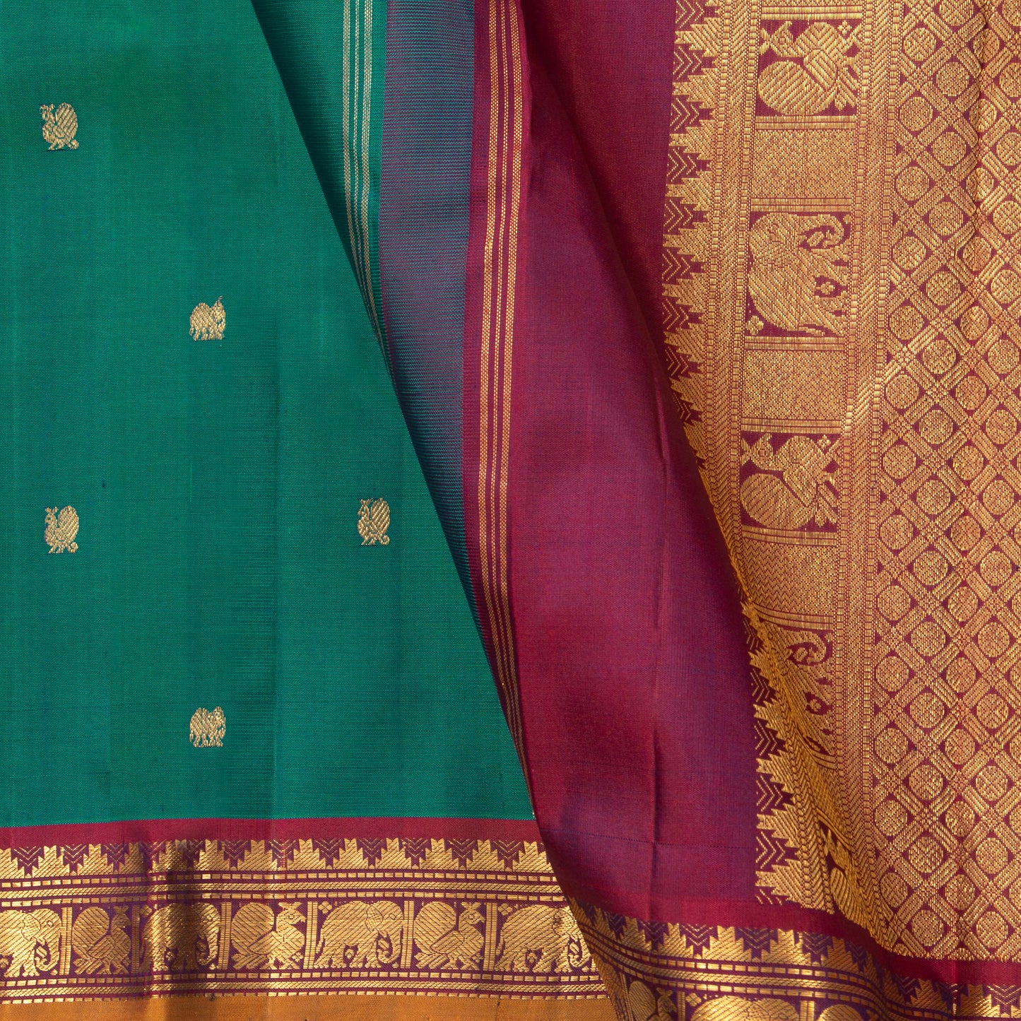 Green And Maroon Kanchipuram Silk Saree For Festive Wear PV NYC 1415