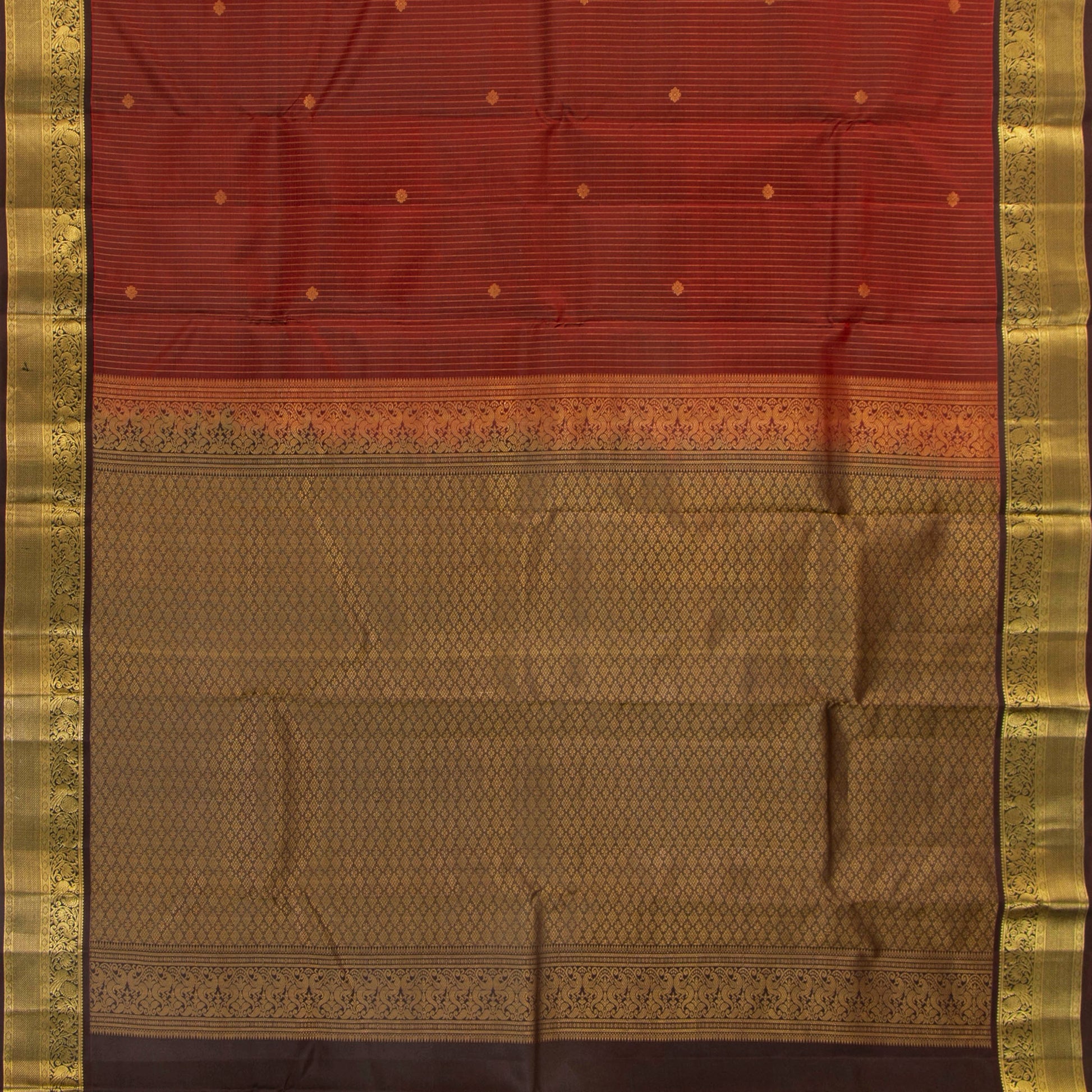 Maroon And Brown Kanchipuram Silk Saree With Zari Stripes For Festive Wear PV MEN 144 - Silk Sari - Panjavarnam PV MEN 144