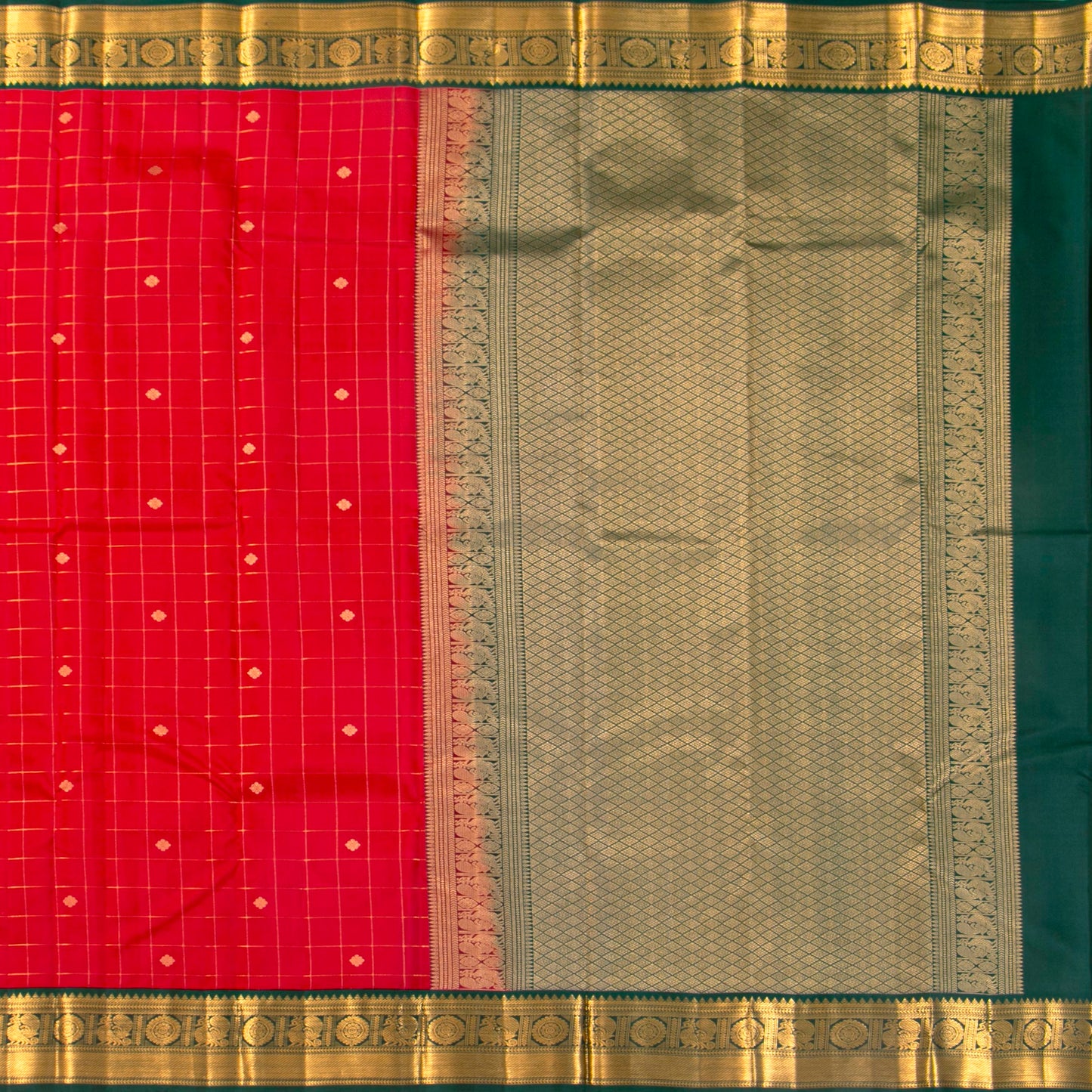 Red And Green Kanchipuram Silk Saree For Festive Wear PV MEN 207 - Silk Sari - Panjavarnam PV MEN 207