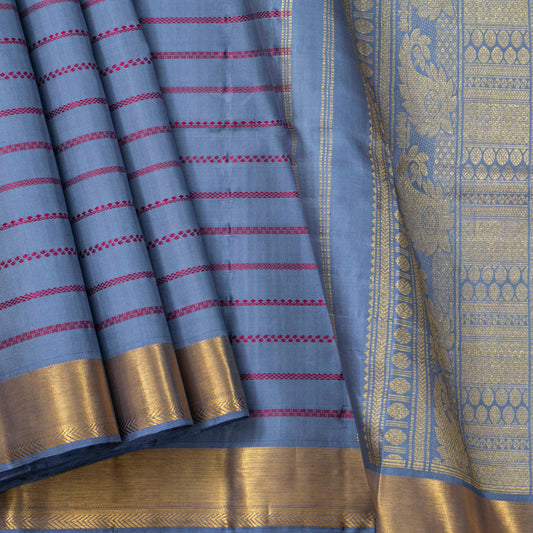 Blue Kanchipuram Silk Saree With Red Silk Thread Stripes For Wedding Wear PV ABI M 149