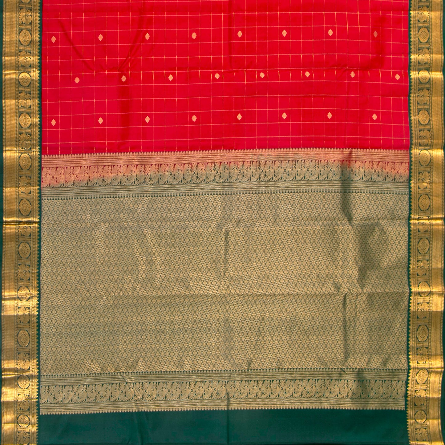 Red And Green Kanchipuram Silk Saree For Festive Wear PV MEN 207 - Silk Sari - Panjavarnam PV MEN 207