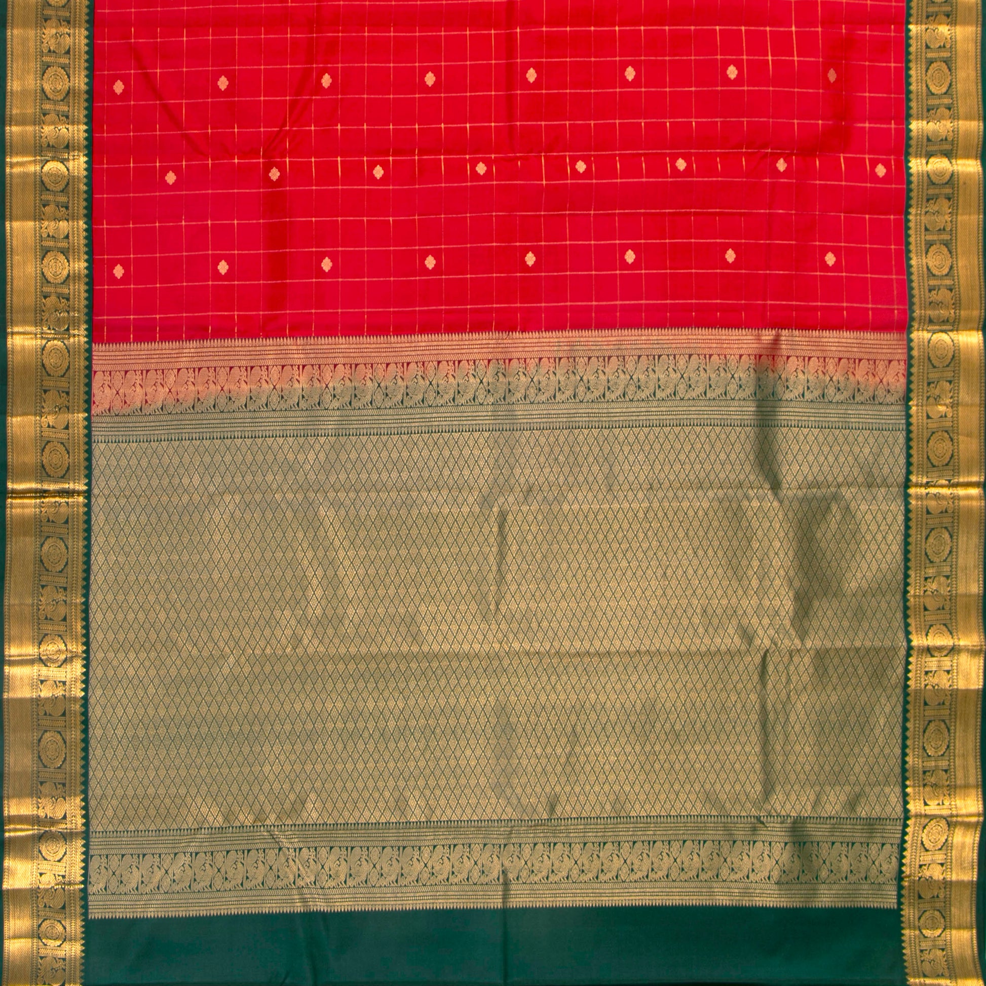 Red And Green Kanchipuram Silk Saree For Festive Wear PV MEN 207 - Silk Sari - Panjavarnam PV MEN 207
