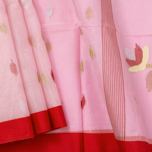 Baby Pink And Red Dhakai Jamdhani Muslin Silk Saree With Tissue Zari For Office Wear PV MJ 98 - Dhakai Jamdhani - Panjavarnam PV MJ 98