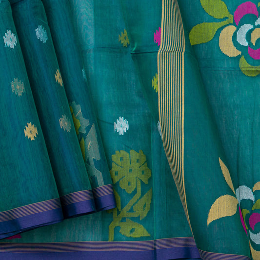 Sea Green Dhakai Jamdhani Muslin Silk Saree With Tissue Zari For Office Wear PV MJ 100 - Dhakai Jamdhani - Panjavarnam PV MJ 100