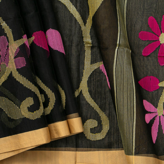 Black Dhakai Jamdhani Muslin Silk Saree With Tissue Zari For Office Wear PV MJ 94