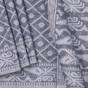 Grey Dhakai Jamdhani Mulmul Silk Saree With White Resham For Festive Wear PV MJ 82