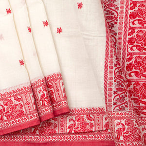 Off White Dhakai Jamdhani Mulmul Silk Saree With Red Resham Work For Office Wear PV MJ 83