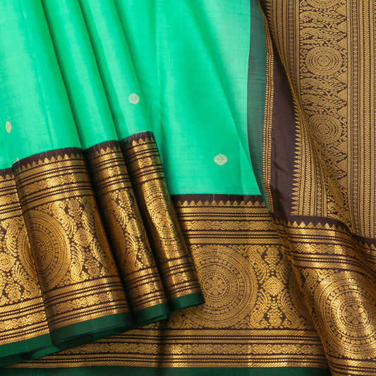 Sea Green And Brown Kanchipuram Silk Saree Retro Revival Design For Wedding Wear PV MEN 166