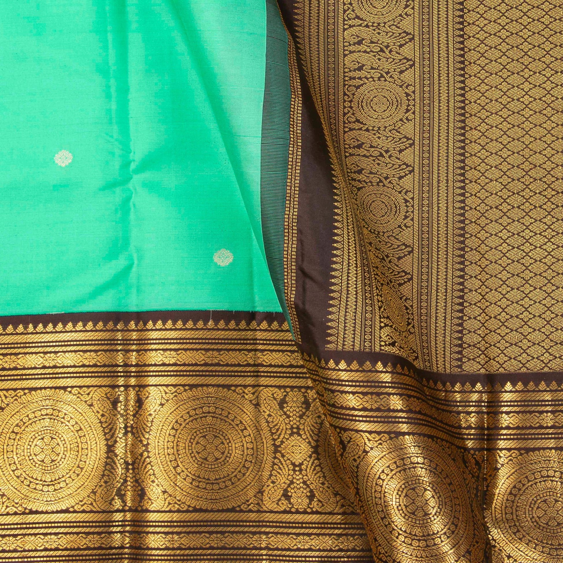 Sea Green And Brown Kanchipuram Silk Saree Retro Revival Design For Wedding Wear PV MEN 166 - Silk Sari - Panjavarnam PV MEN 166