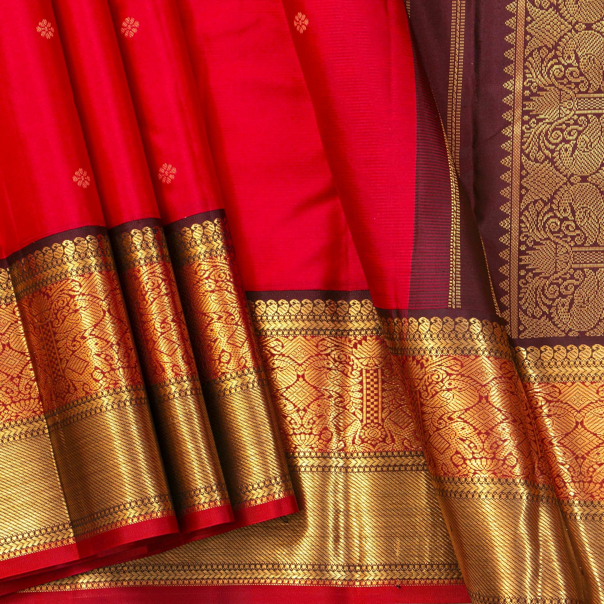 Red And Brown Kanchipuram Silk Saree Retro Revival Design For Wedding Wear PV MEN 175 - Silk Sari - Panjavarnam PV MEN 175