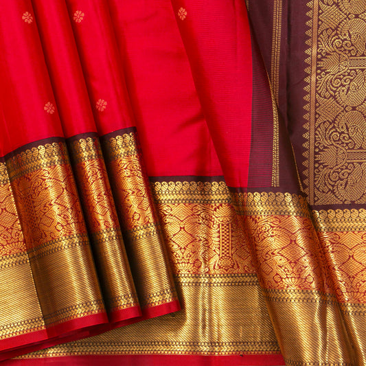 Red And Brown Kanchipuram Silk Saree Retro Revival Design For Wedding Wear PV MEN 175