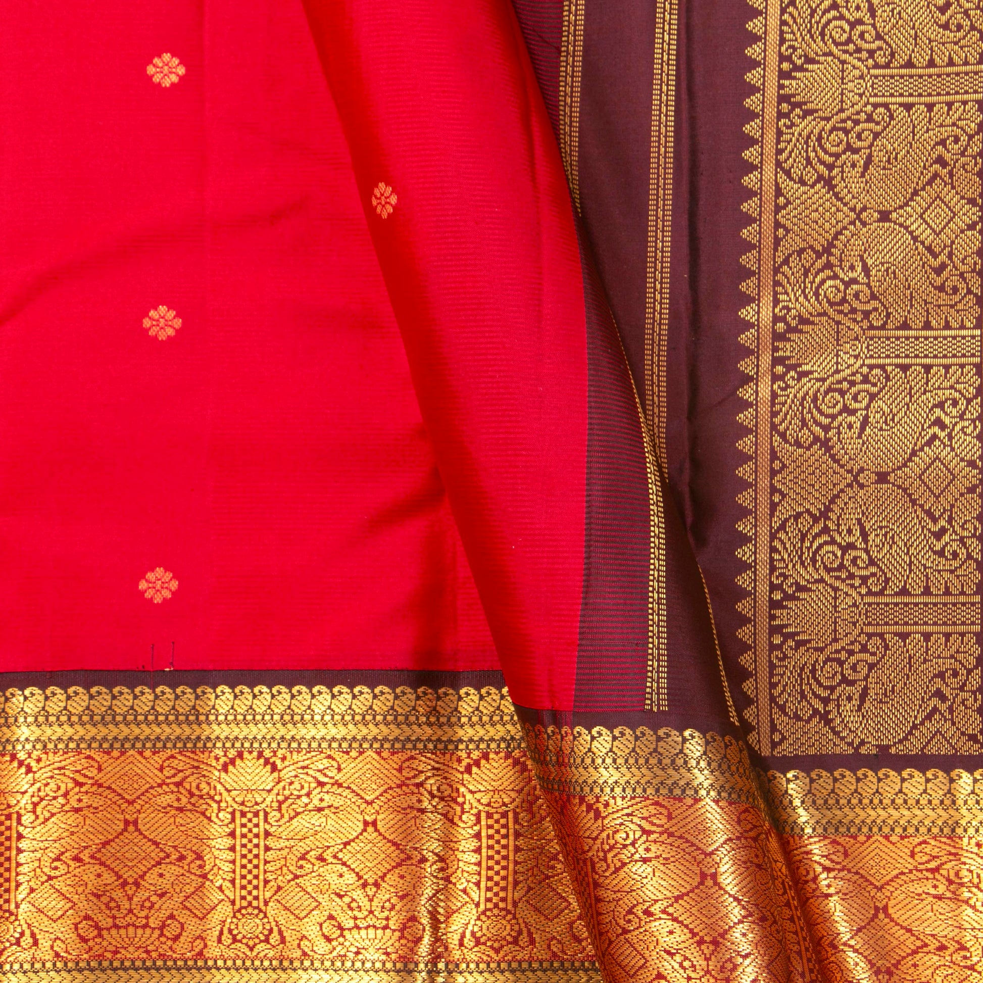 Red And Brown Kanchipuram Silk Saree Retro Revival Design For Wedding Wear PV MEN 175 - Silk Sari - Panjavarnam PV MEN 175