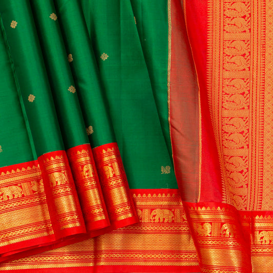 Spring Green And Red Kanchipuram Silk Saree For Wedding Wear PV MEN 179
