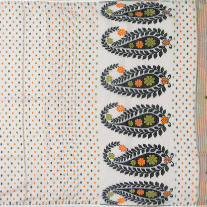 White Dhakai Jamdhani Mulmul Silk Saree With Multicolour Resham Buttas For Office Wear PV MJ 81