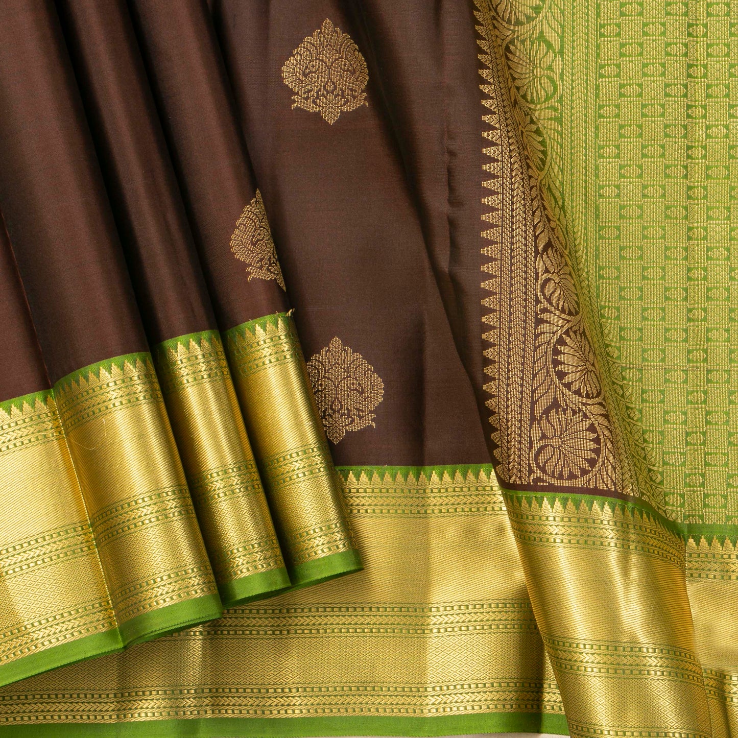 Brown And Light Green Kanchipuram Silk Saree For Festive Wear PV MEN 218