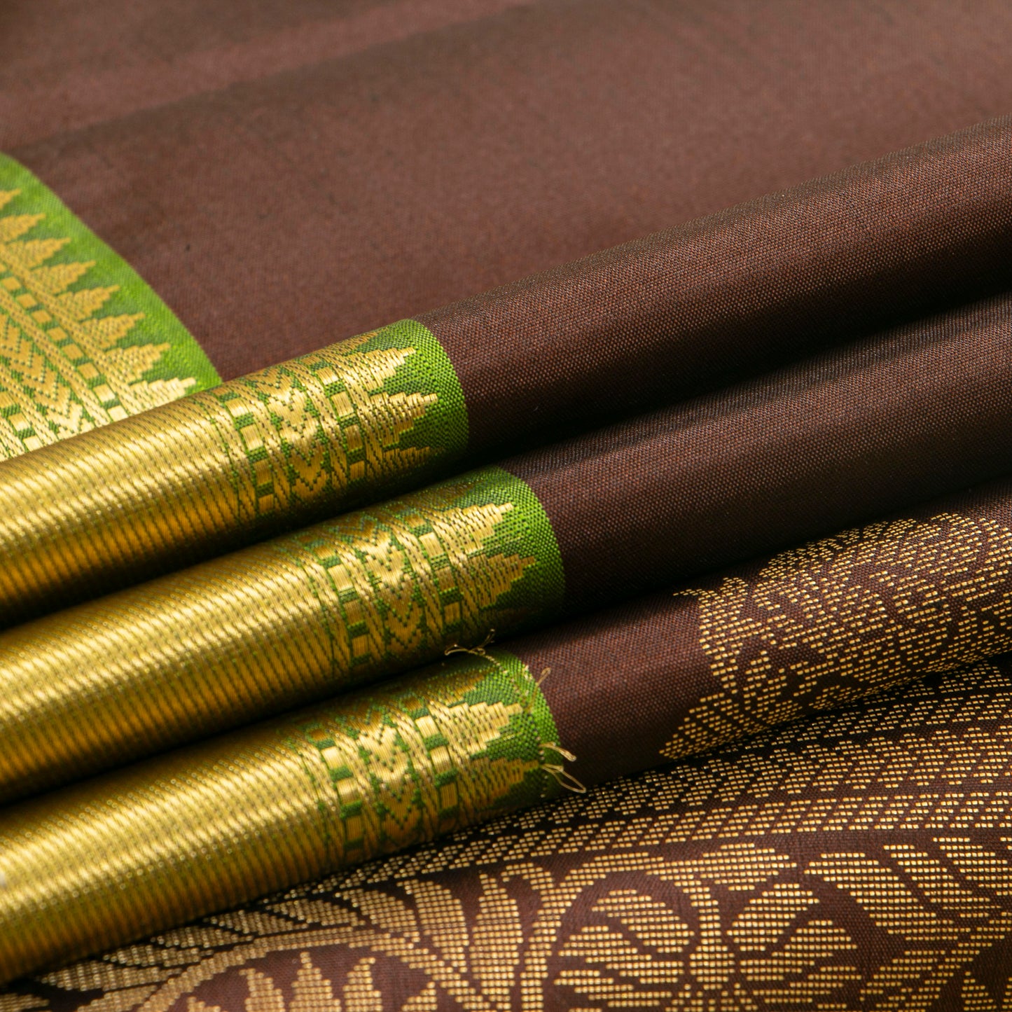 Brown And Light Green Kanchipuram Silk Saree For Festive Wear PV MEN 218