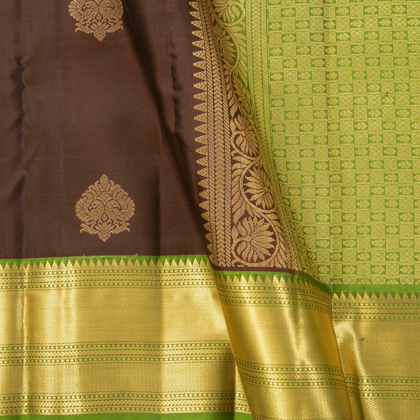 Brown And Light Green Kanchipuram Silk Saree For Festive Wear PV MEN 218