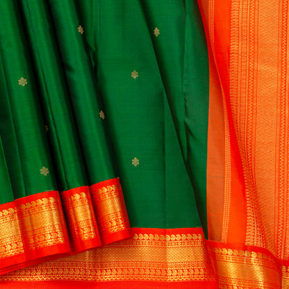 Green Kanchipuram Silk Saree With Orange Contrast Korvai Border For Wedding Wear PV MEN 193