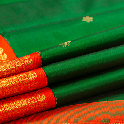 Green Kanchipuram Silk Saree With Orange Contrast Korvai Border For Wedding Wear PV MEN 193