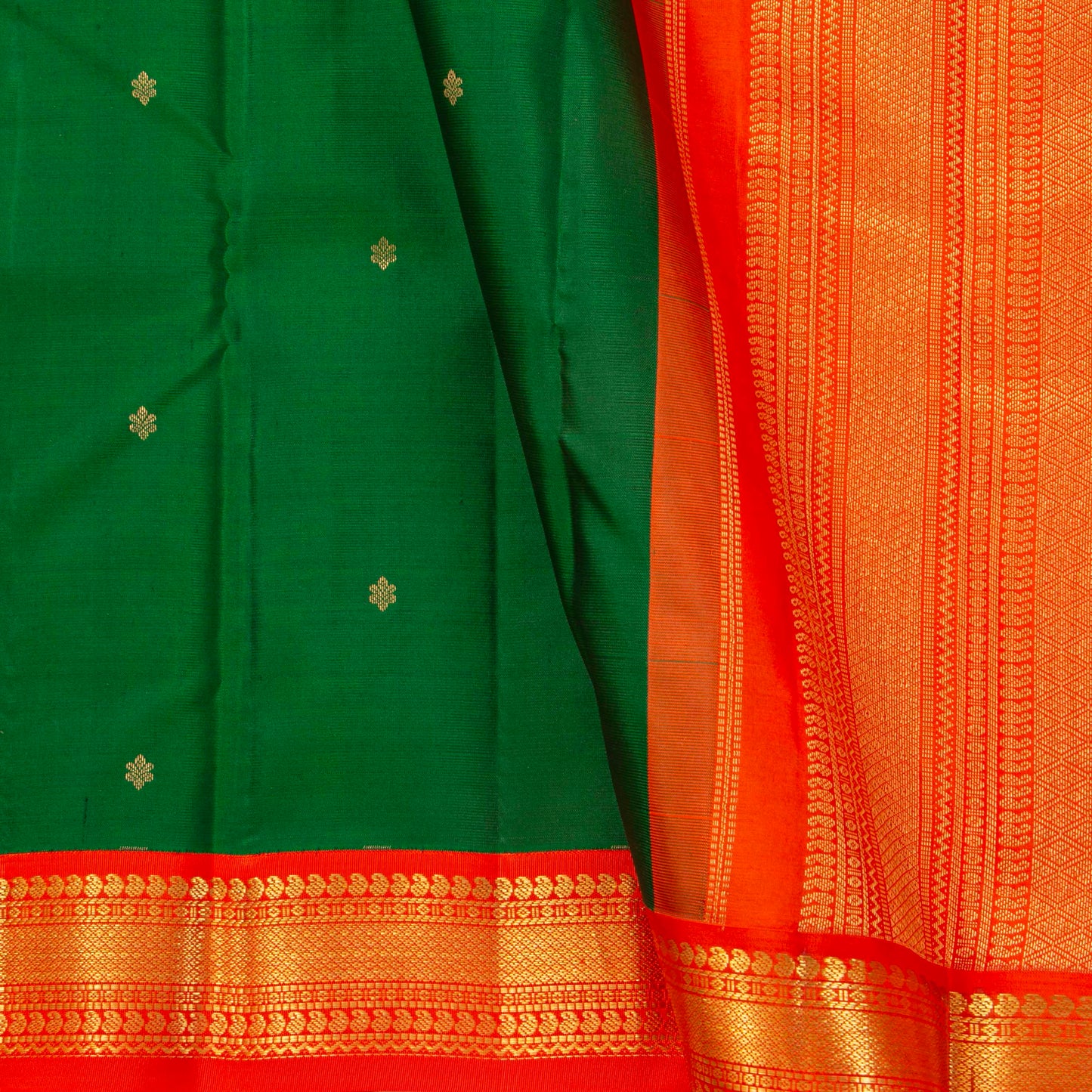 Green Kanchipuram Silk Saree With Orange Contrast Korvai Border For Wedding Wear PV MEN 193