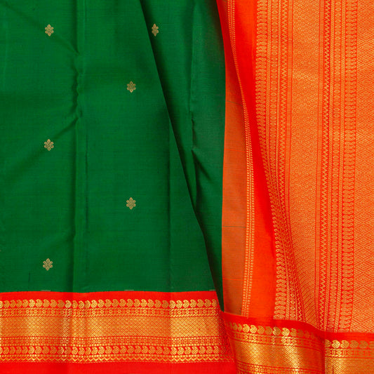 Green Kanchipuram Silk Saree With Orange Contrast Korvai Border For Wedding Wear PV MEN 193
