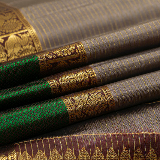 Dark Fawn And Maroon Kanchipuram Silk Saree With Ganda Berunda Motifs For Festive Wear PV MEN 242