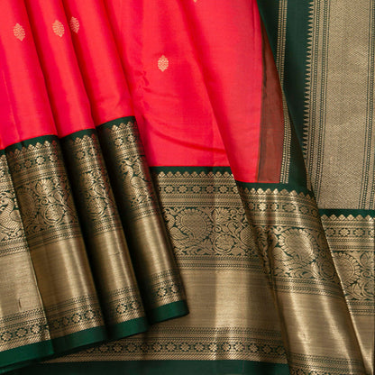 Dual Tone Crimson Kanchipuram Silk Saree With Contrast Korvai Border In Green For Wedding Wear PV MEN 217 - Silk Sari - Panjavarnam PV MEN 217