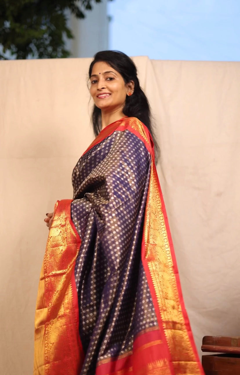 Purple And Red Kanchipuram Silk Saree For Wedding Wear PV NYC 1372