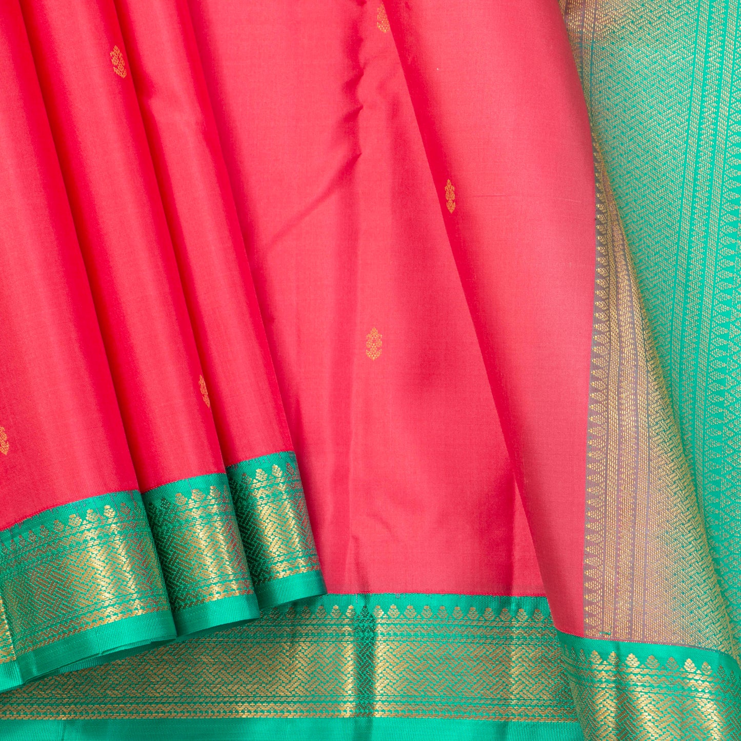 Peach And Teal Kanchipuram Silk Saree Retro Revival Design For Wedding Wear PV MEN 152