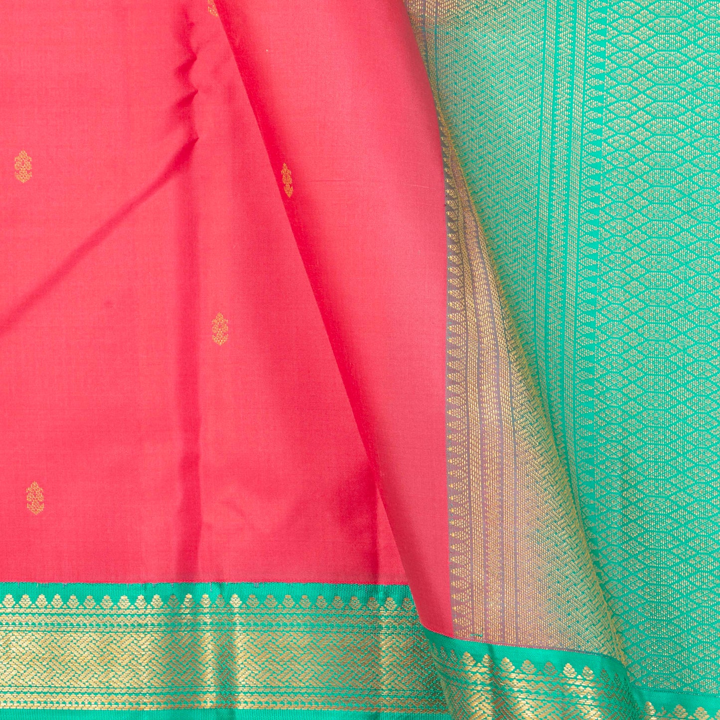 Peach And Teal Kanchipuram Silk Saree Retro Revival Design For Wedding Wear PV MEN 152