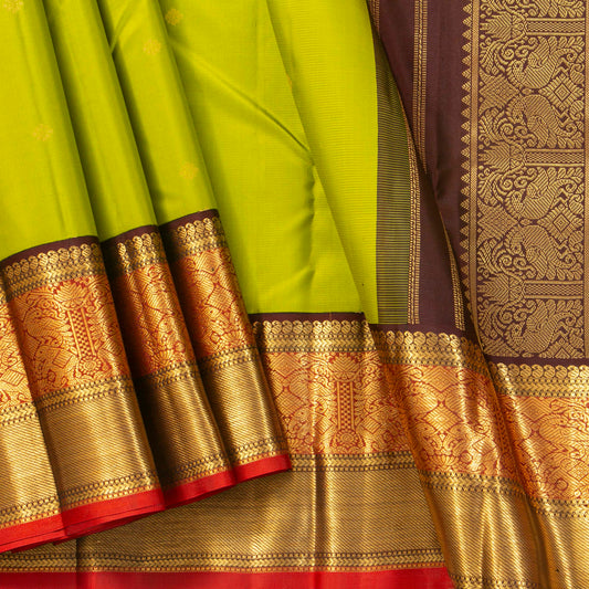 Parrot Green And Brown Kanchipuram Silk Saree Retro Revival Design For Wedding Wear PV MEN 176