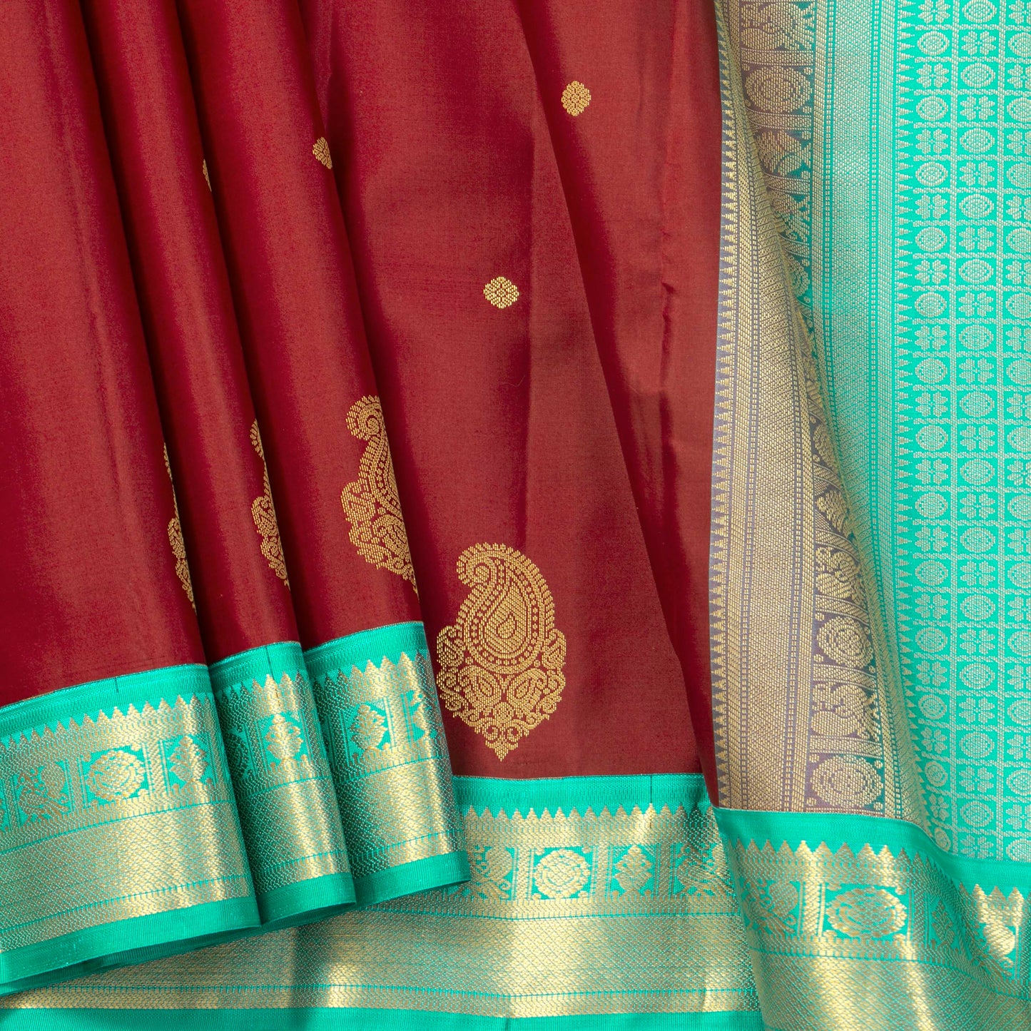 Maroon And Turquoise Blue Kanchipuram Silk Saree For Festive Wear PV MEN 216
