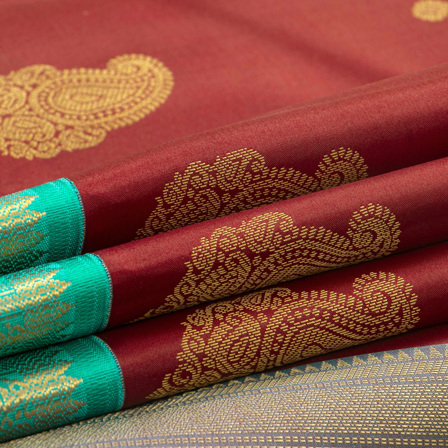 Maroon And Turquoise Blue Kanchipuram Silk Saree For Festive Wear PV MEN 216