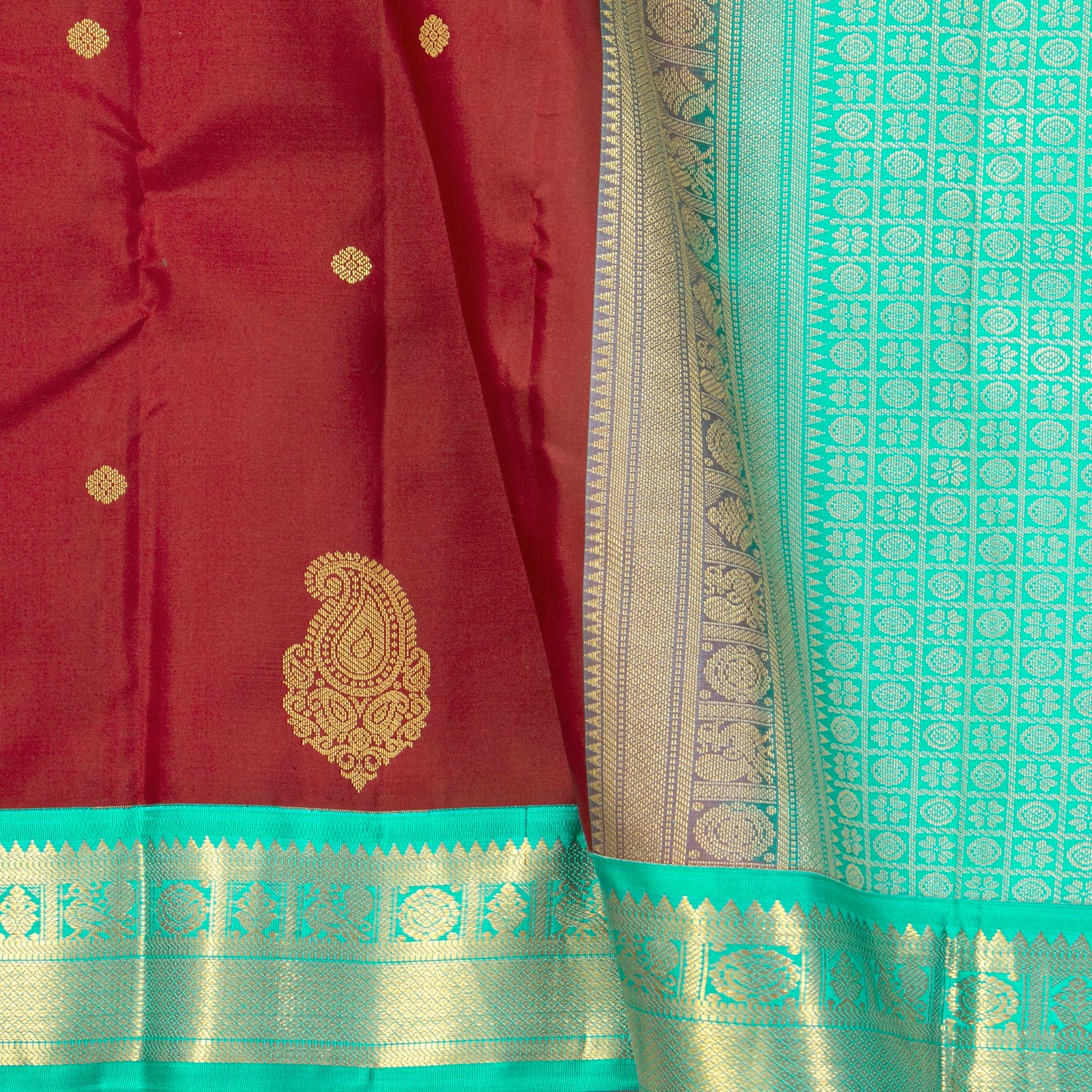 Maroon And Turquoise Blue Kanchipuram Silk Saree For Festive Wear PV MEN 216