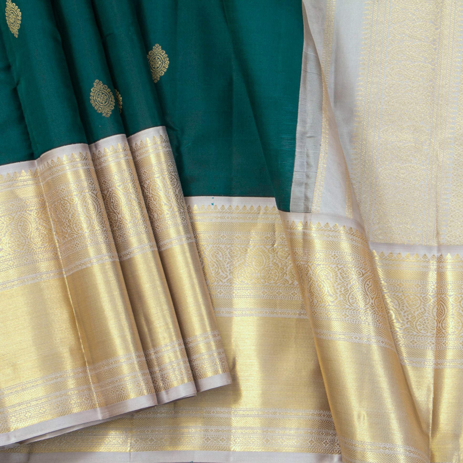Green And Grey Kanchipuram Silk Saree For Festive Wear PV MEN 172 - Silk Sari - Panjavarnam PV MEN 172