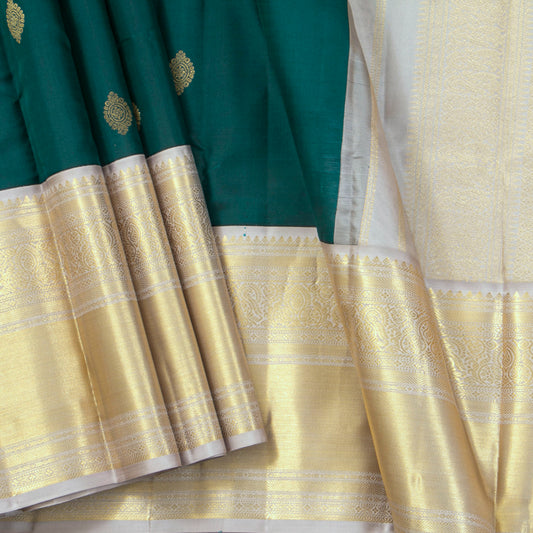 Green And Grey Kanchipuram Silk Saree For Festive Wear PV MEN 172 - Silk Sari - Panjavarnam PV MEN 172