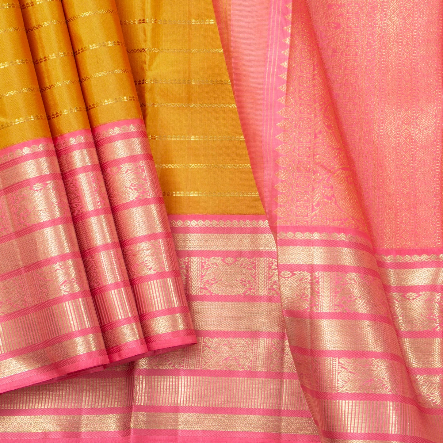 Mustard And Pink Kanchipuram Silk Saree For Bridal Wear PV NYC 1328