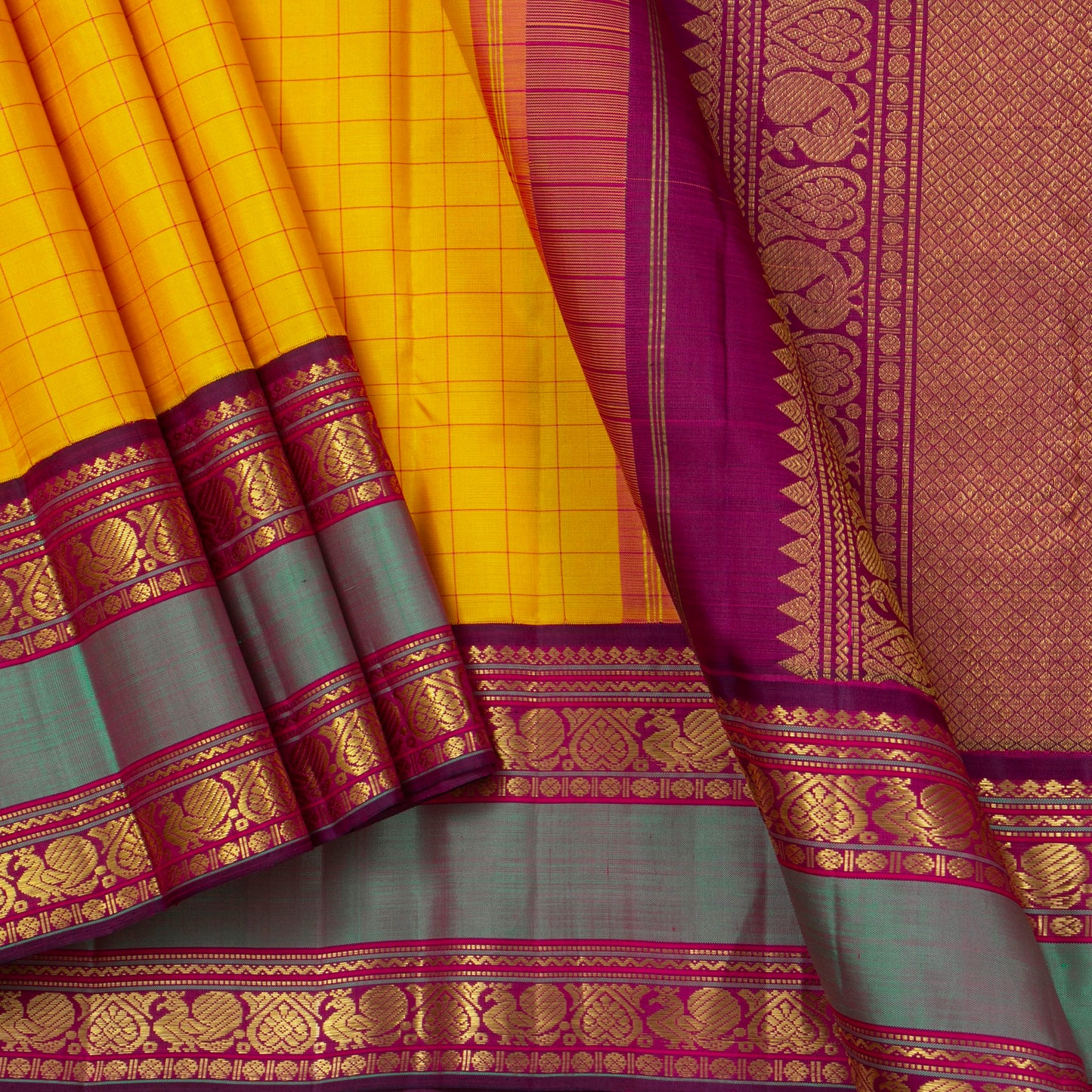 Yellow And Magenta Kanchipuram Silk Saree For Festive Wear PV NYC 1421