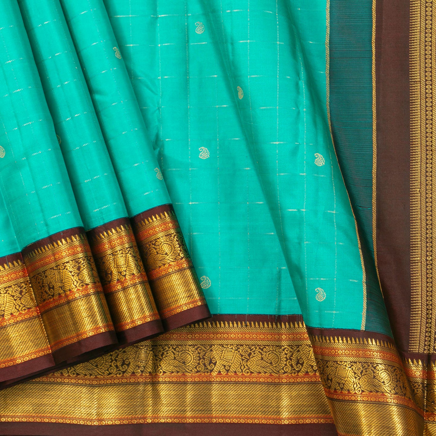 Turquoise Blue And Brown Kanchipuram Silk Saree For Festive Wear PV MEN 185 - Silk Sari - Panjavarnam PV MEN 185