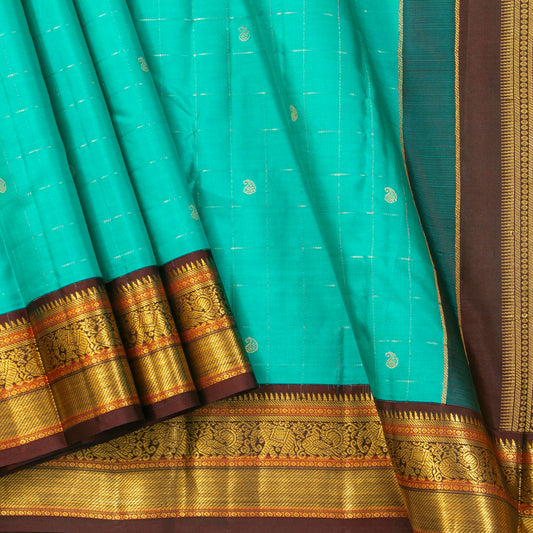 Turquoise Blue And Brown Kanchipuram Silk Saree For Festive Wear PV MEN 185 - Silk Sari - Panjavarnam PV MEN 185