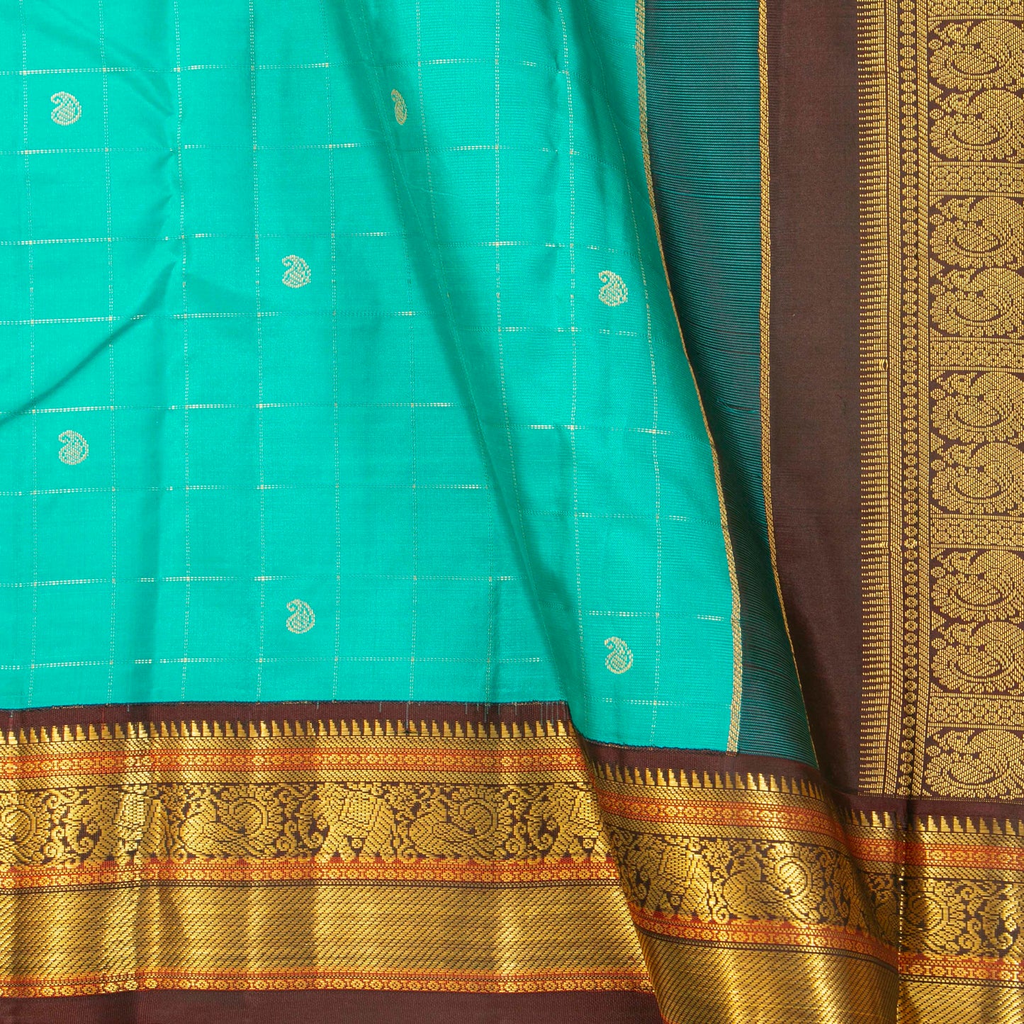 Turquoise Blue And Brown Kanchipuram Silk Saree For Festive Wear PV MEN 185 - Silk Sari - Panjavarnam PV MEN 185
