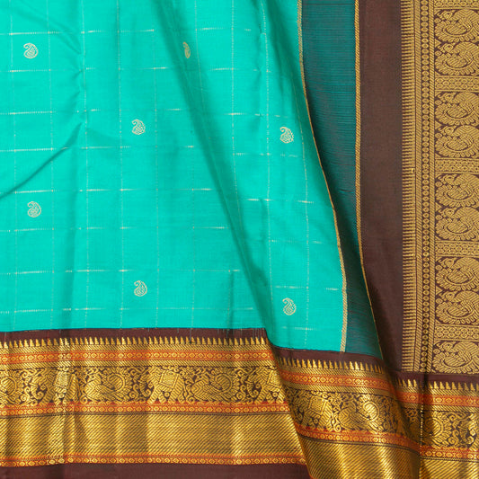 Turquoise Blue And Brown Kanchipuram Silk Saree For Festive Wear PV MEN 185 - Silk Sari - Panjavarnam PV MEN 185