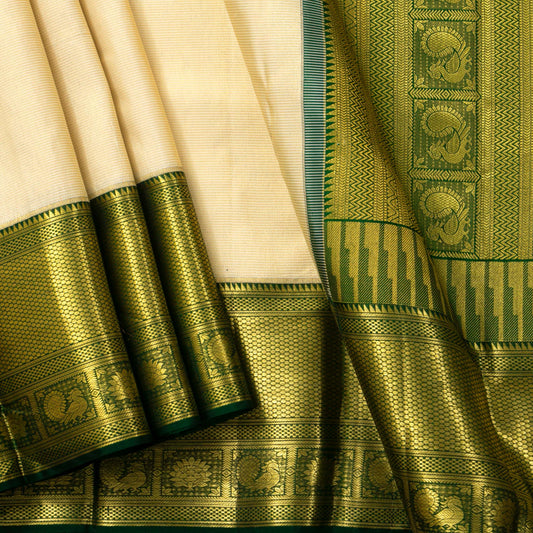 Beige, Gold And Green Kanchipuram Silk Saree For Wedding Wear PV NYC 1597